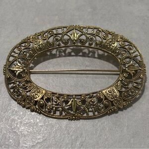 Victorian Brooch Sash Scarf Pin Filigree Vintage Scroll Oval Frame Large